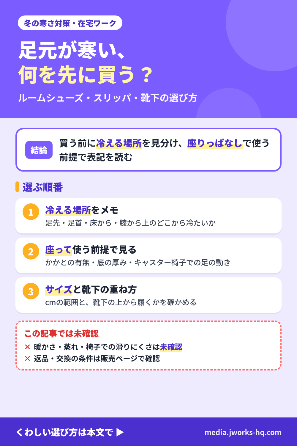 冬の在宅ワークで足元が寒いときの、ルームシューズ・スリッパ・靴下の選び方のまとめ図。冷える場所を見分ける、座りっぱなしでの相性を見る、サイズと重ね方を表記から読む、の順番