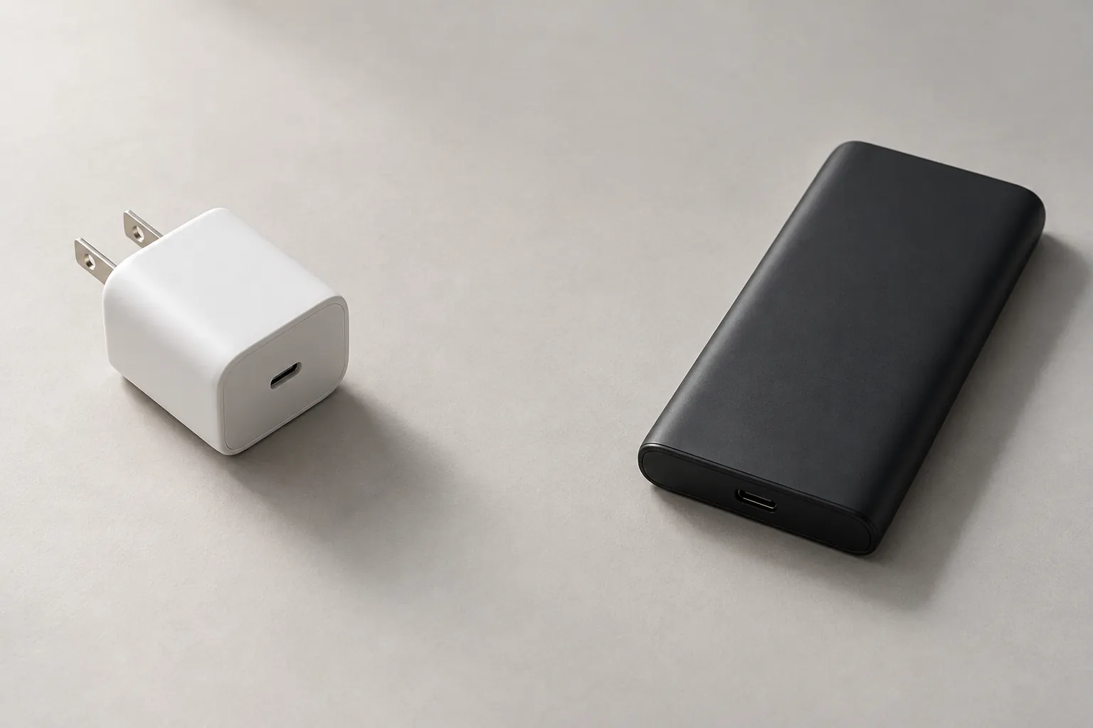 白いUSB-C充電器と黒いモバイルバッテリーのイメージ